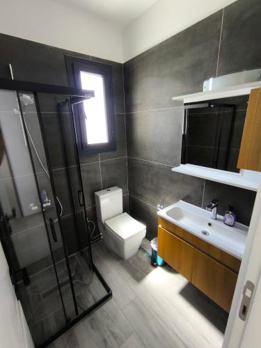 a bathroom with a toilet and a sink and a shower at Caesar Blue Resort & Spa apartment I-66 in Kalecik