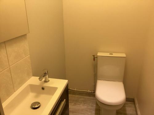 a bathroom with a white toilet and a sink at Chambre du merle in Illats