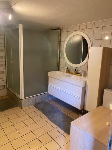 a bathroom with a sink and a mirror at Côté Jardin in Bourgheim