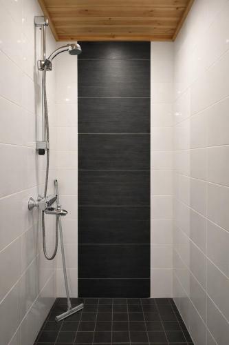 a shower in a bathroom with a black wall at HIMOS Petäjäkuja 3 in Himos