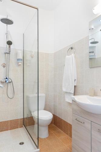 a bathroom with a toilet and a sink at Chara's Sea View House in Haraki