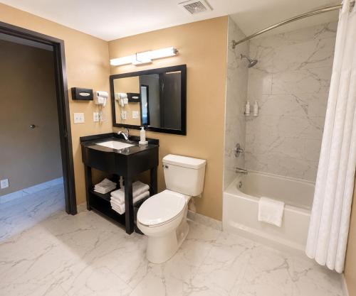 a bathroom with a toilet and a sink and a shower at Super 8 by Wyndham Lexington Park/California Area in California