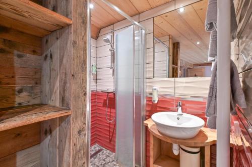 a bathroom with a glass shower and a sink at La Ferme D'aurélie in Montvalezan