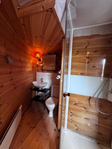 a bathroom with a toilet and a sink at Halvorseth in Prestfoss