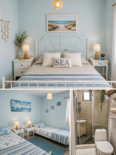 two pictures of a bedroom with a bed in a room at Happy House in Kranevo