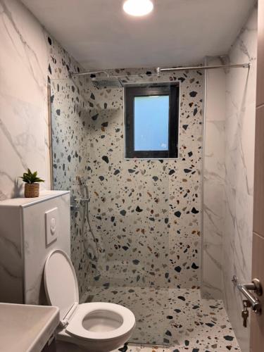 a bathroom with a toilet and a window at Hil's Bay View - Terra in Lepetani
