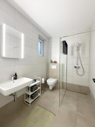 a bathroom with a sink and a toilet and a shower at Feigenterrasse beim Semmering - Studio in Schlagl