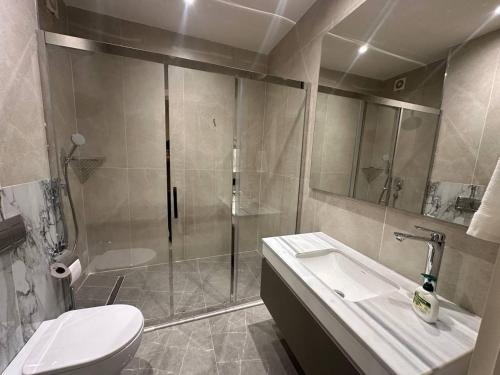 a bathroom with a shower and a sink and a toilet at Sea Breeze in Baku
