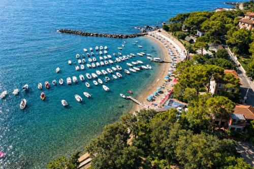 an aerial view of a beach with boats in the water at Hotiday Castiglioncello Suite in Castiglioncello