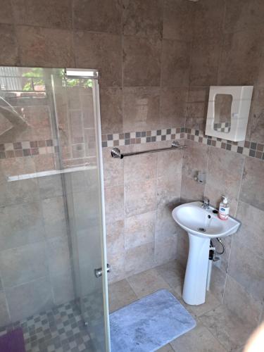 a bathroom with a shower and a sink at Siësta Guesthouse in Modimolle