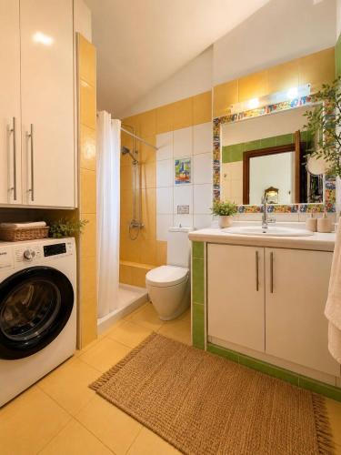 a bathroom with a toilet sink and a washing machine at Vitamin Sea Luxury Villas in Agia Pelagia