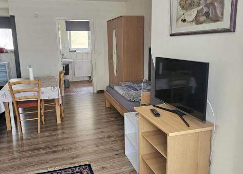 a living room with a television and a dining room at Ferienwohnungen am Main in Erlabrunn