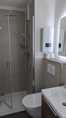 a bathroom with a shower and a toilet and a sink at Strandhotel Wohnung 16 in Dahme