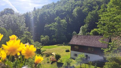 a small house in the middle of a field with trees at Ferienwohnung Urmannsau in Gaming