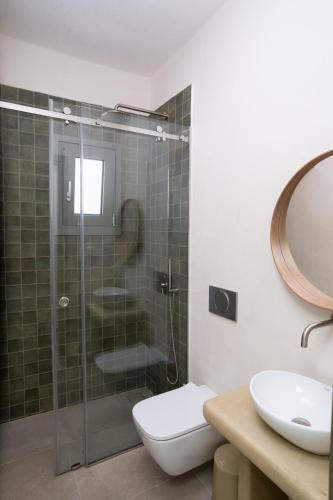 a bathroom with a shower and a toilet and a sink at Small Cyclades Houses in Koufonisia
