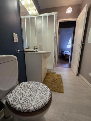 a bathroom with a toilet and a sink and a mirror at au pont vieux in Chanac