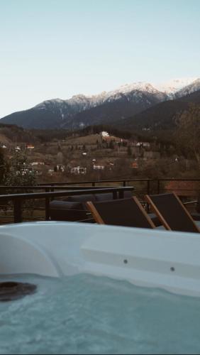 a swimming pool with mountains in the background at Norma Bran in Bran