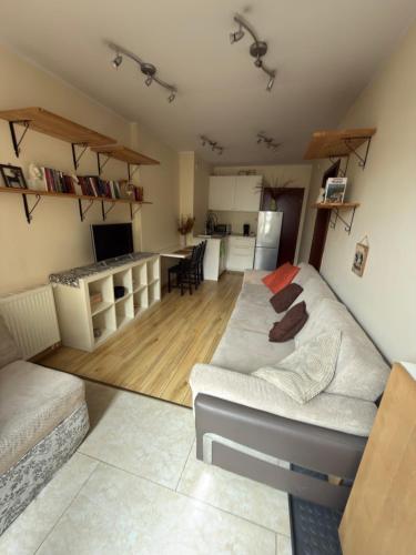 a living room with a couch and a kitchen at Apartament przy Koniu Trojańskim in Luboń