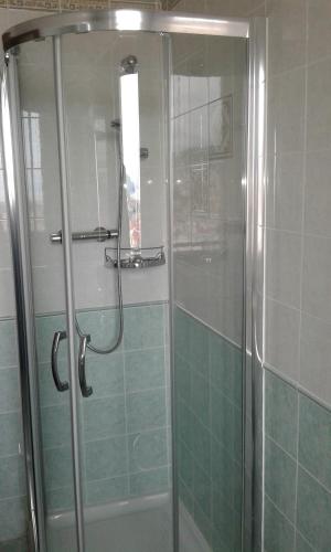 a shower with a glass door in a bathroom at La Finestra Sul Mare in Trieste
