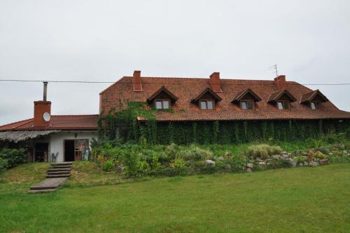 a house with ivy growing on the side of it at Pensjonat Dolina Wierzby in Olsztyn