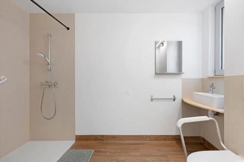 a bathroom with a shower and a sink at L'auberge le Toit Vert in Moutiers