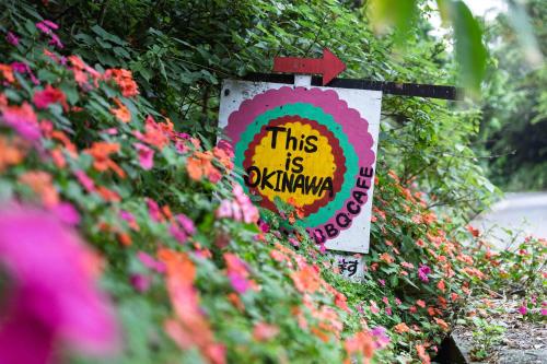 a sign that says this is xixuminati in a field of flowers at This is Okinawa Nature Stay Yanbaru Forest in Motobu