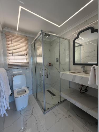 a bathroom with a shower and a toilet and a sink at Koko Beach - Honeymoon Suite in Vila Praia Do Bilene