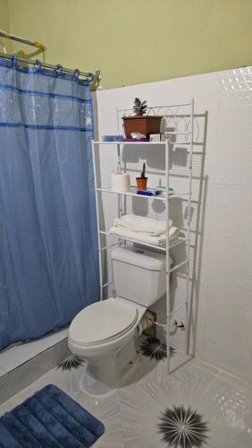 a bathroom with a toilet and a blue shower curtain at Smithy's Apartment 2 in Ribishi