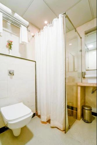 a bathroom with a toilet and a shower curtain at Panaji Residency in Panaji
