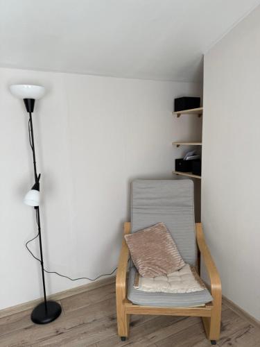 a chair in a room with a lamp and a lampost at Vasara Noānā in Plieņciems