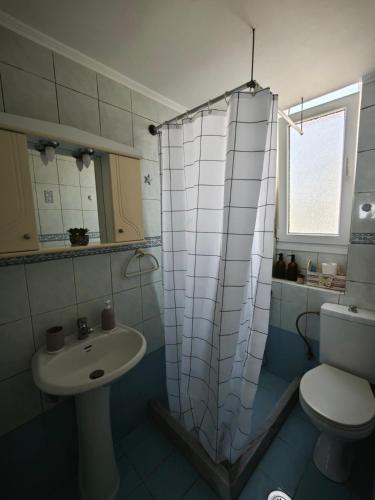 a bathroom with a sink and a toilet and a shower at SeaSummerSand Apartment in Chios