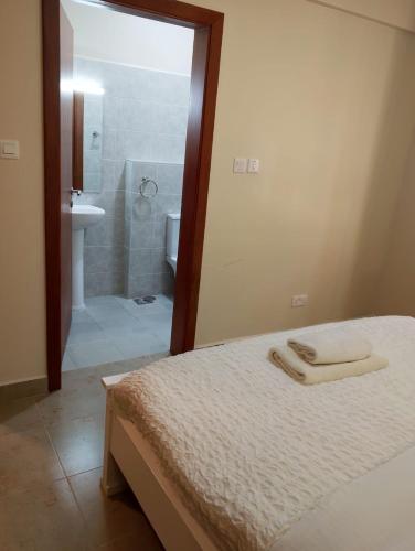a bedroom with a bed and a bathroom with a shower at MAIDA Apartment - SHAWMUT SUITES in Nakuru