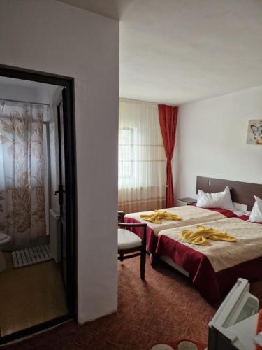 a hotel room with a bed and a bathroom at Riviera Valceana in Râmnicu Vâlcea