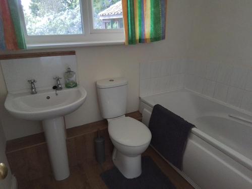 a bathroom with a toilet and a sink and a tub at Elderflower Cottage in Stamford