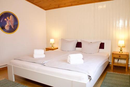 a white bedroom with two beds with white pillows at Seetuun-Hoff - Dree in Nordstrand