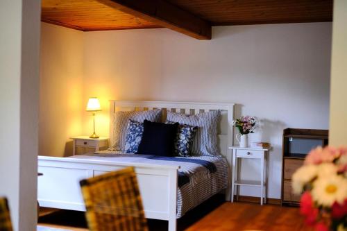 a bedroom with a white bed with blue pillows at Judies Garten in Schaalby