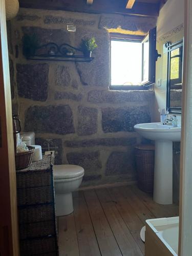 a stone bathroom with a toilet and a sink at Dão country house in Silgueiros