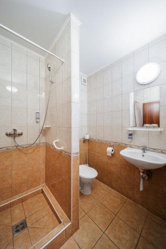 a bathroom with a shower and a sink and a toilet at Hotel Elenka in Veľký Meder
