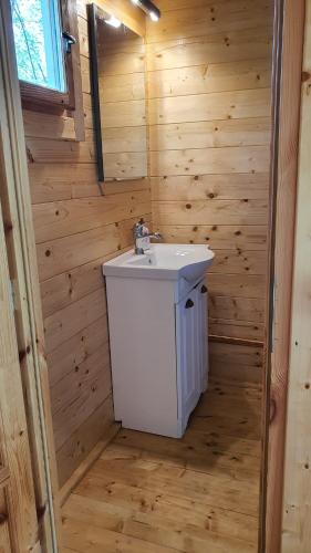 a bathroom with a sink in a wooden wall at La Salcami in Mohu