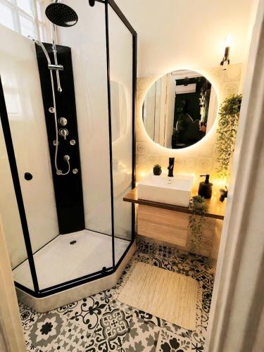 a bathroom with a shower and a sink and a mirror at Le Studio Jungle climatisé in Graulhet