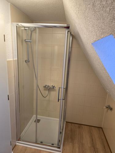 a bathroom with a shower in a attic at Wanderlust in Bisingen