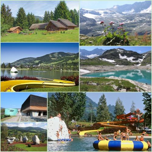 a collage of photos with people on a lake and mountains at Haus Höllerer in Uttendorf