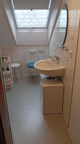 a bathroom with a sink and a window and a toilet at Ferienwohnung am Bodensee in Uhldingen-Mühlhofen