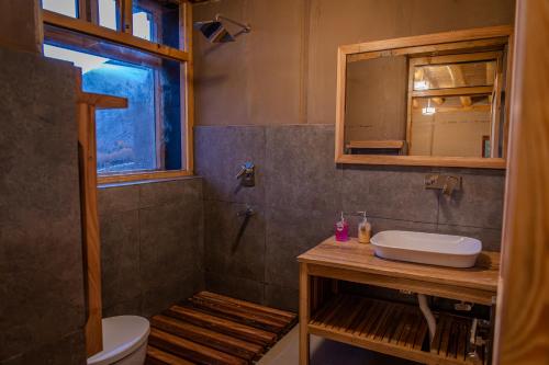 a bathroom with a sink and a mirror at Shan at Uley in Leh
