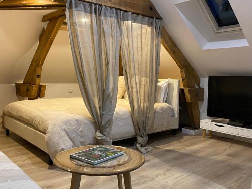 a bedroom with a bed and a tv and a table at Amelia in Saint-Aignan
