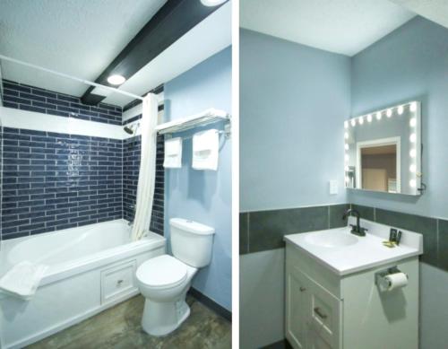 two pictures of a bathroom with a toilet and a sink at Marshall Lodge By OYO Hwy 65 in Marshall