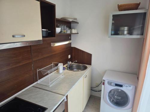a small kitchen with a sink and a washing machine at Морски Фар in Sveti Vlas