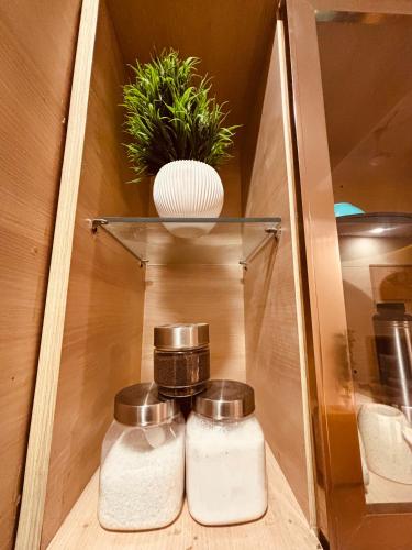 two containers of rice and a plant on a shelf at THE CITYLIGHTS STAY Gaur City Mall in Ghaziabad