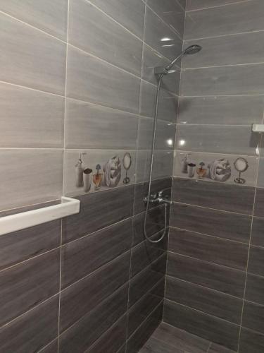 a bathroom with a shower with gray tiles at Appartement à m'diq in M'diq