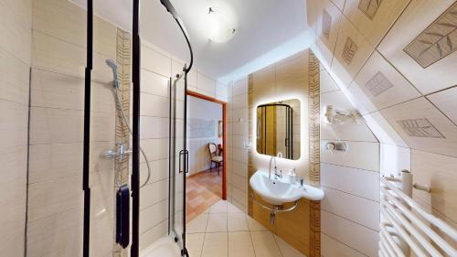 a bathroom with a sink and a mirror at Śnieżka in Krosno
